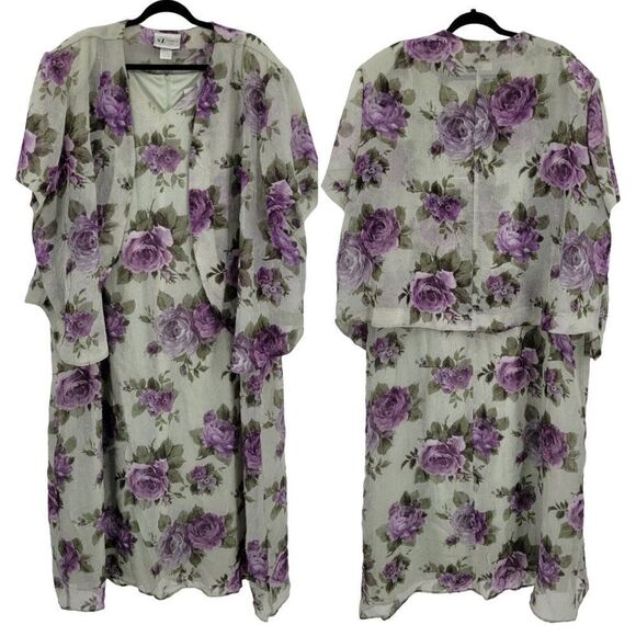 Vintage 80's Dress Set Plus Size 32W Crinkle Chiffon Shift Maxi Floral Sage - Picture 1 of 16